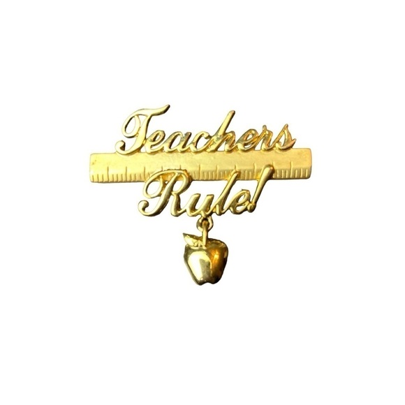 Teachers Rule Gold Tone Brooch with a Ruler and a Apple Charm Pin - Picture 4 of 11